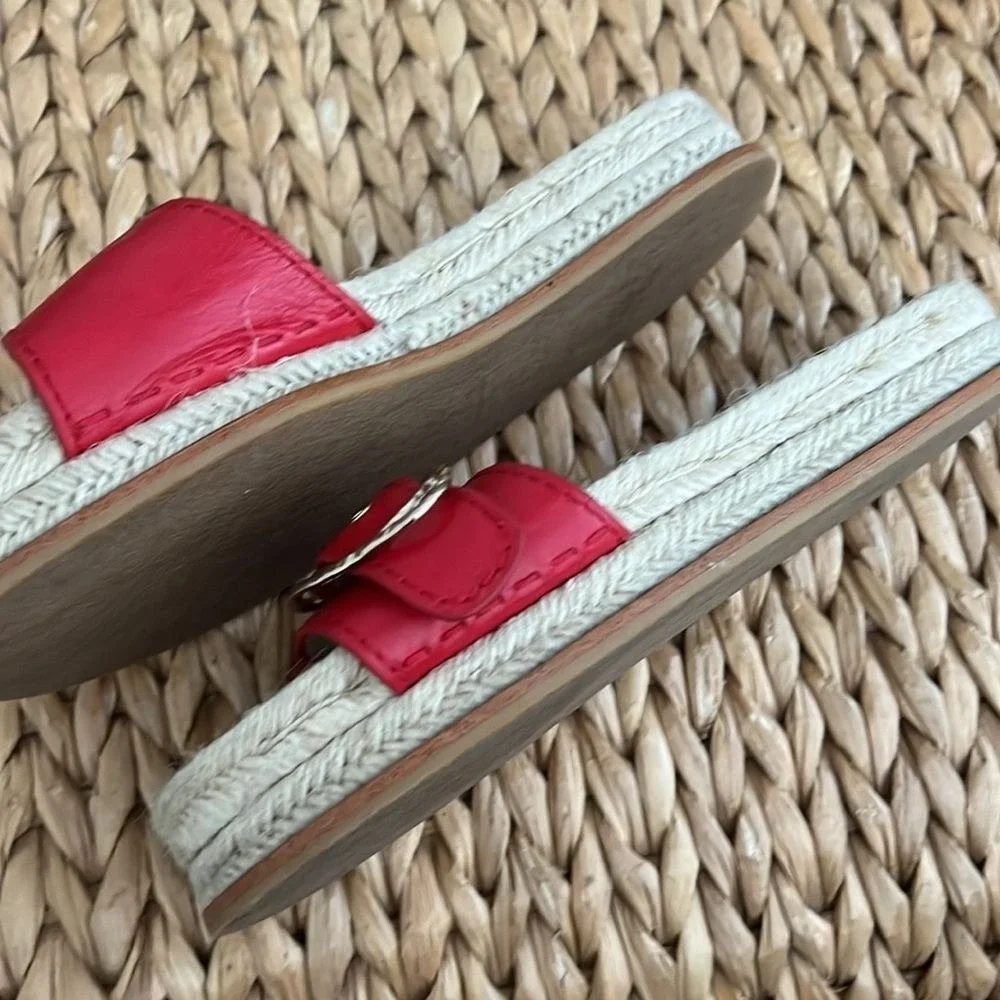 Women's ZARA Basic Red Leather Espadrlle‎ Buckle Flat Sandals Slides sz 8.5 - 39